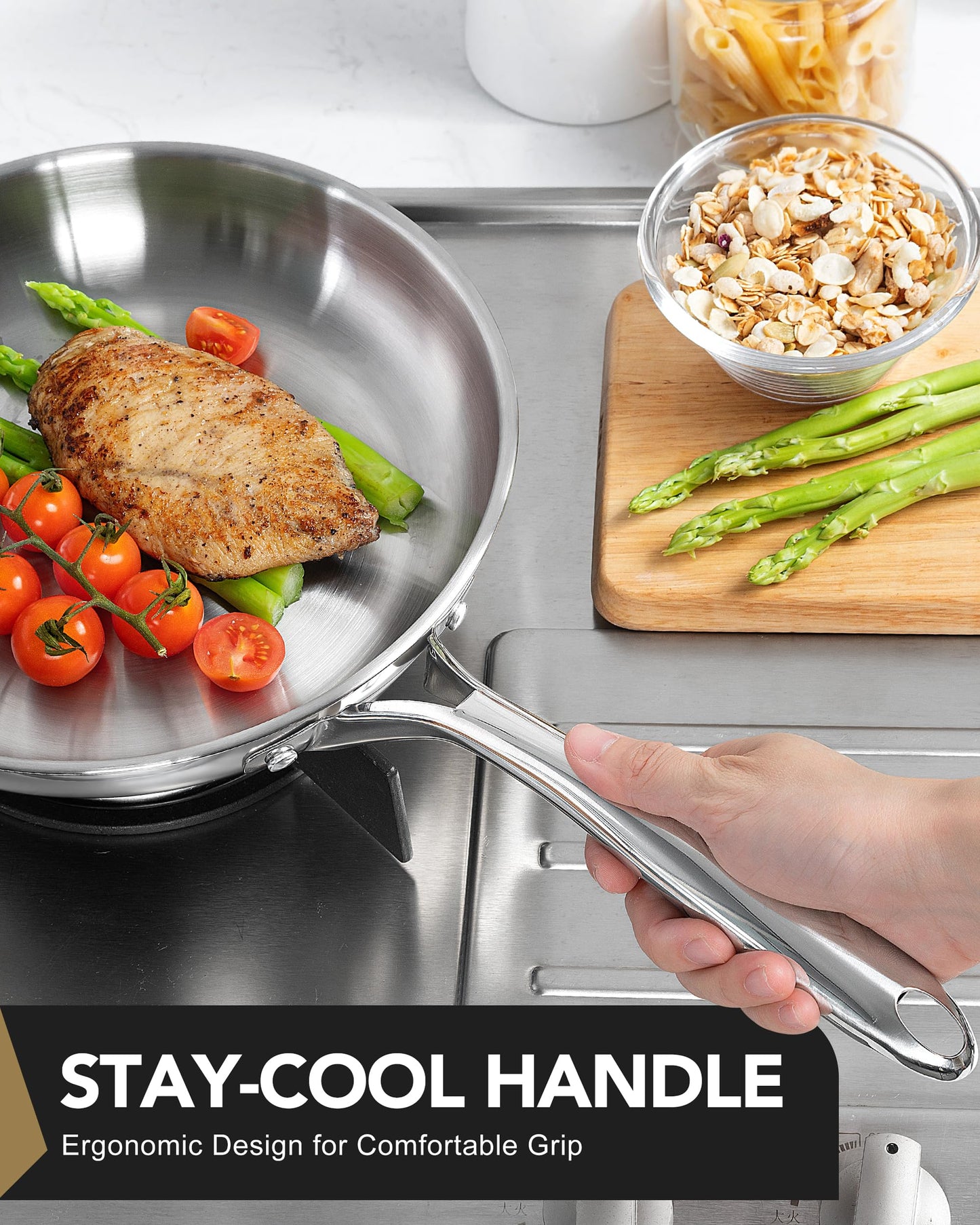 MICHELANGELO Stainless Steel Frying Pan Set, 8" 10" Cooking Pan Set with Triply Base, Stainless Steel Skillet with Ergonomic Handle, Induction Compatible