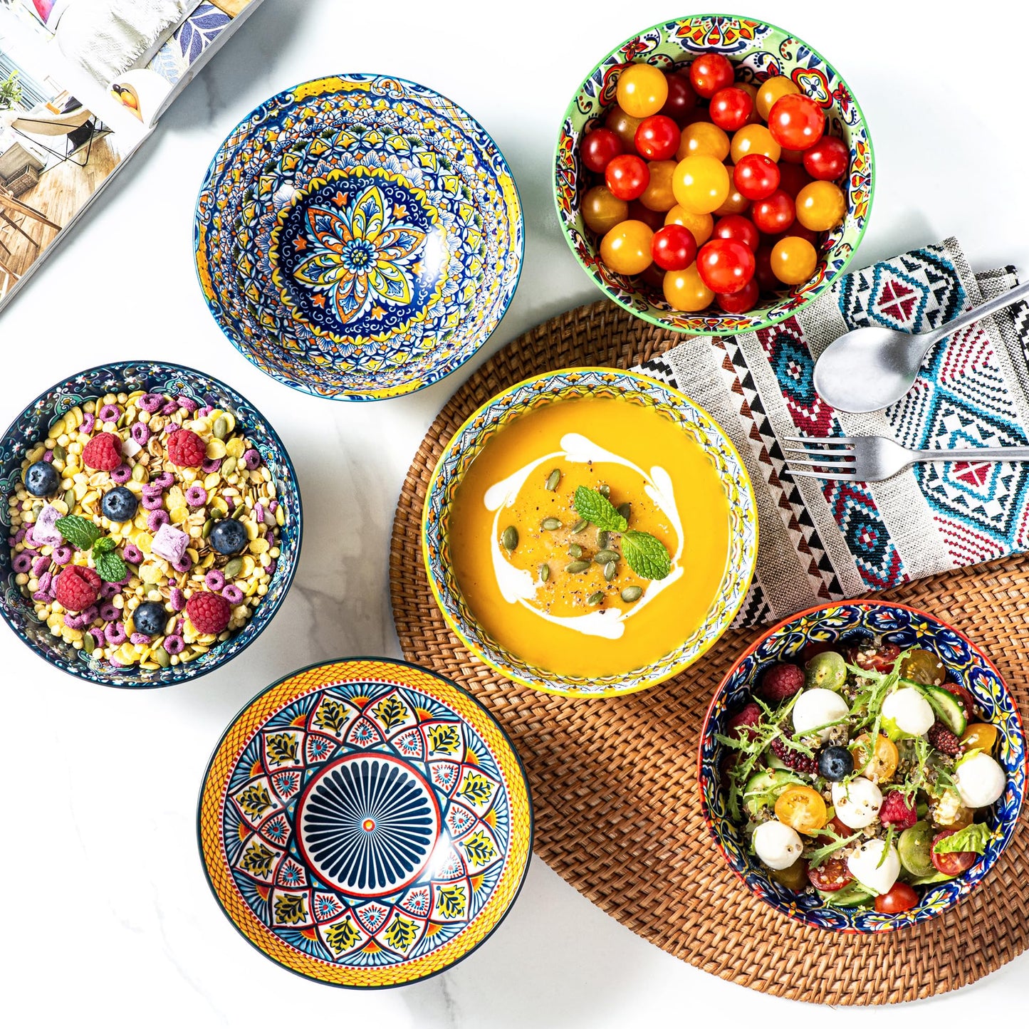Porcelain Cereal, Soup Bowls Set of 6-25 Oz Colorful Serving Bowls for Salad, Pasta, Oatmeal, Dessert, Dishware, Microwave & Oven Safe - Bohemian Style