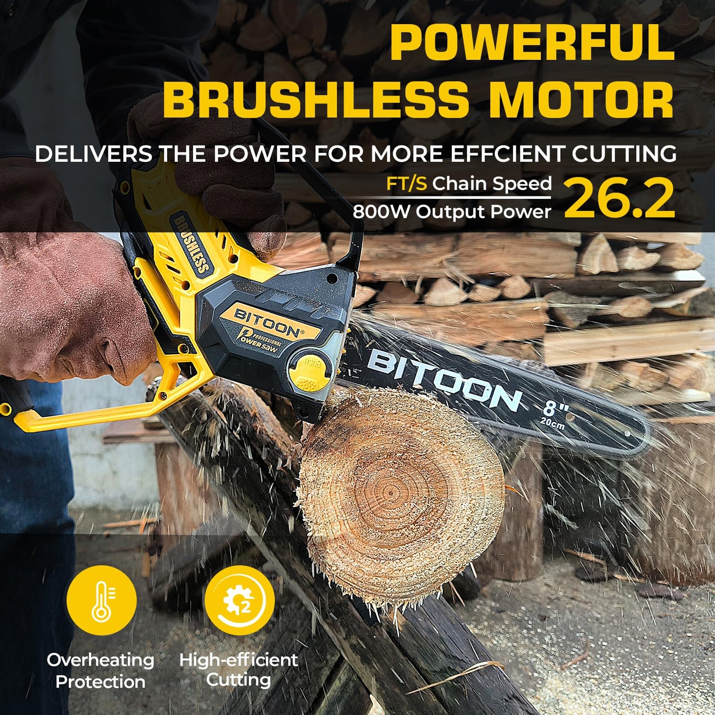 BITOON 8-Inch Mini Chainsaw with 2PCS 3.0Ah Battery and Charger, Auto-Oiler, Brushless Cordless 8-Inch and 6-Inch 2-in-1 Pruning Chain Saw, Portable Electric Chainsaw for Cutting Wood, Branches Yellow