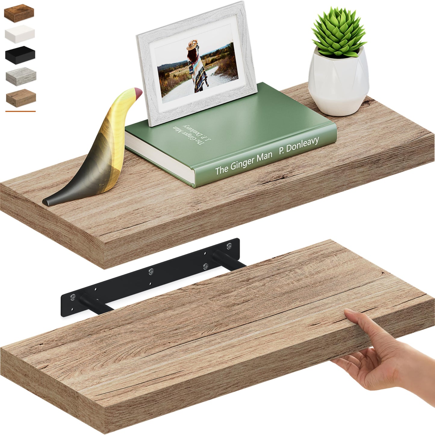 Ballucci Floating Shelves Extra Wide, 2-Pack 24" Wood Wall Mount Shelf Set with Invisible Brackets for Living Room, Bathroom, Kitchen, Nursery, 8" Deep, Oak Finish