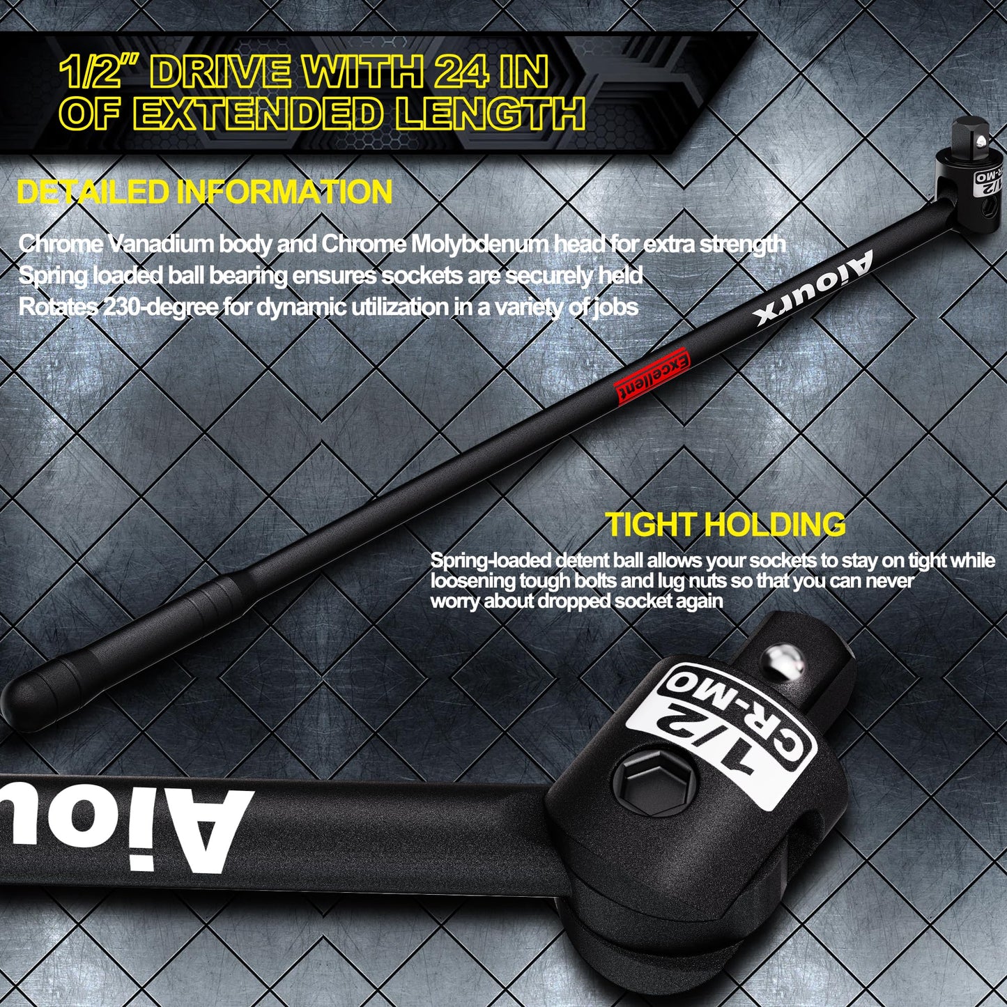 Aiourx 1/2" Drive 25-Inch Breaker Bar, Heavy Duty Extension Breaker Bar with 250° Rotating Head, Laser Etched Marking, Auto and Industrial Use, Conquer Stubborn Fasteners and Nuts