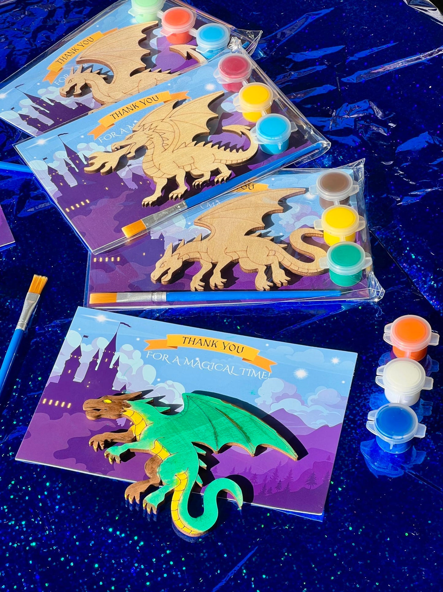 Dragon Party Favors for Kids - 12PCS Paint Your Own Wooden Magnet Kits with Thank You Cards, Individually Wrapped Dragon Birthday Decorations & Party Supplies for Boys & Girls