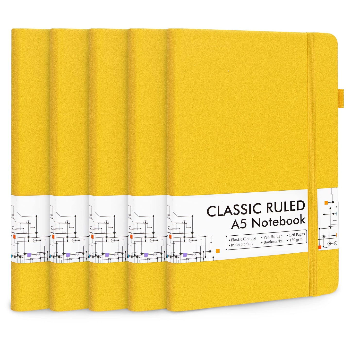 5 Pack Notebooks Journals Bulk with 5 Black Pens, Feela A5 Hardcover Notebook Classic Ruled Lined Journal Set with Pen Holder for School Business Journaling Note Taking, 120 GSM, 5.1”x8.3”, Yellow