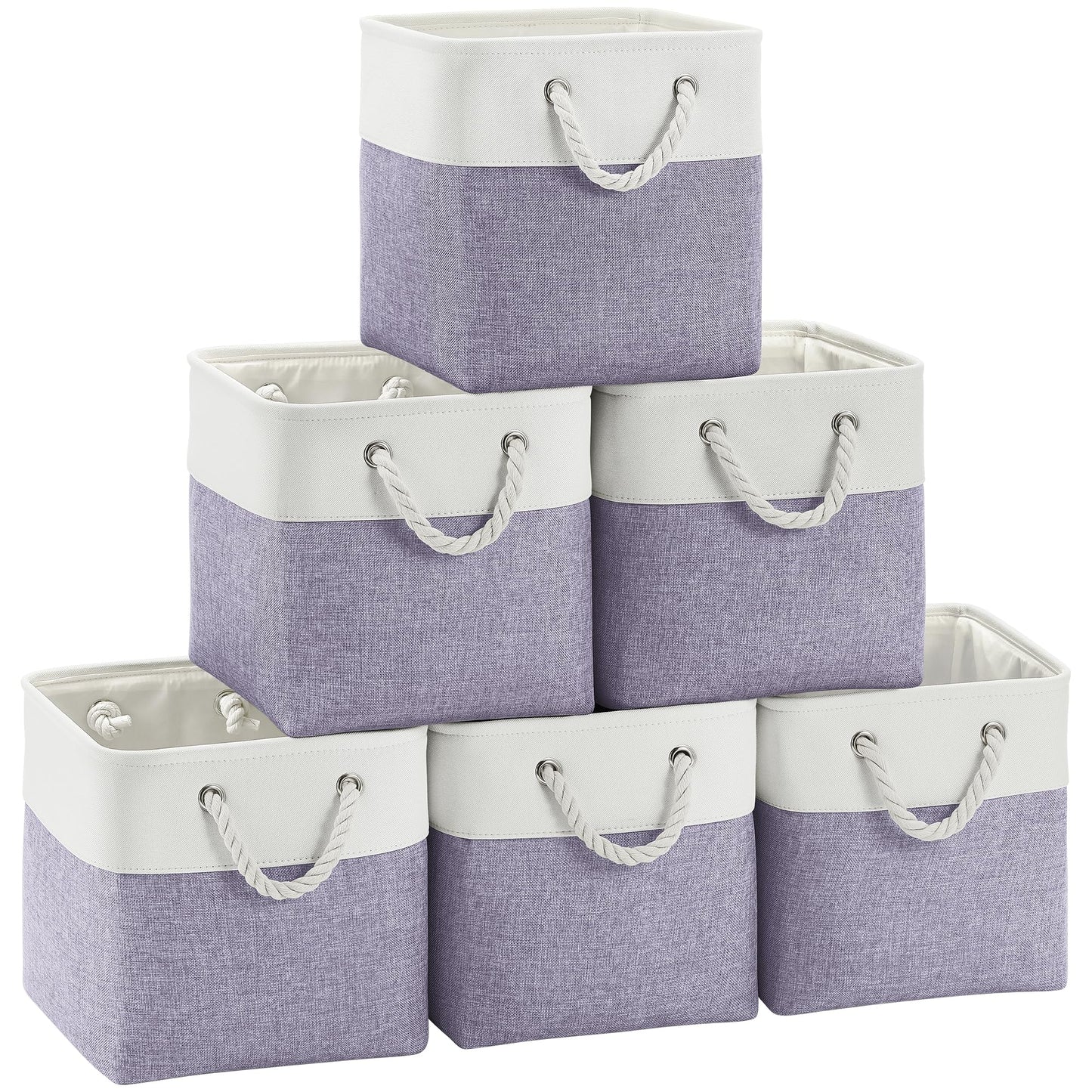 FinishingBo Cube Storage Bins, 6 Pack 11x11 inch with Cotton Handles for Closet, Shelves, Clothes, Towel (White/Purple-6 Pack)