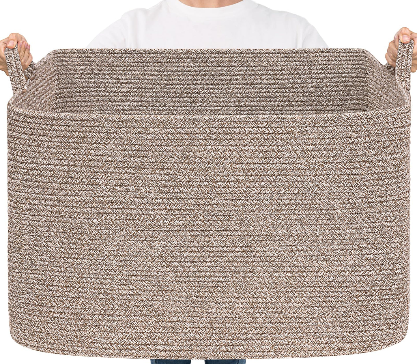 Goodpick 105L Large Woven Storage Basket, Rectangle Cotton Rope Basket for Blankets, Clothes, Storage Organizer for Living Room, 25"x16"x16", Brown