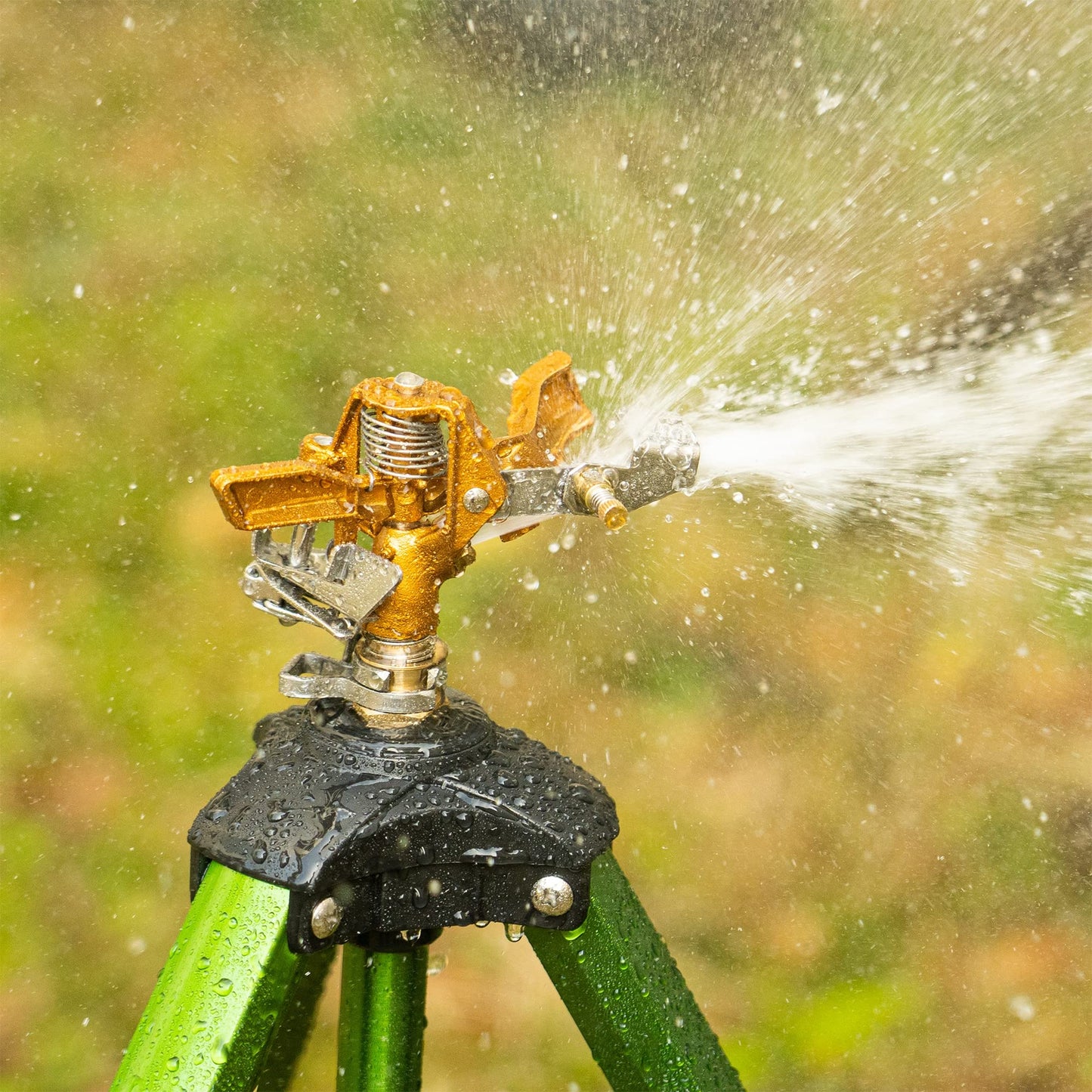 Hourleey Impact Sprinkler on Tripod Base, Heavy Duty Brass Sprinklers for Yard Lawn Garden, 0-360 Degree Large Area Coverage, 3/4 Inch Connector Extension Legs Flip Locks with Brass Sprinkler Head