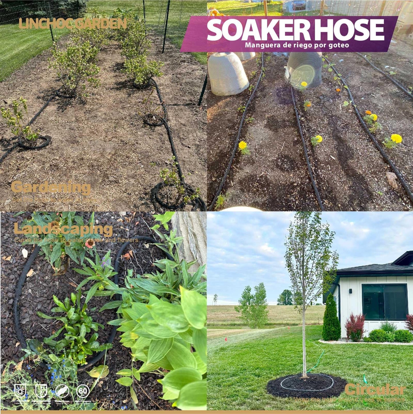 LICNCHOC Garden Soaker Hose, 1/2 Inch Flexible Durable Garden Hose for Efficient Watering, Leak-Proof Design 100% Recycled Rubber, Ideal for Lawns, Gardens & Flower Beds (100 FT)