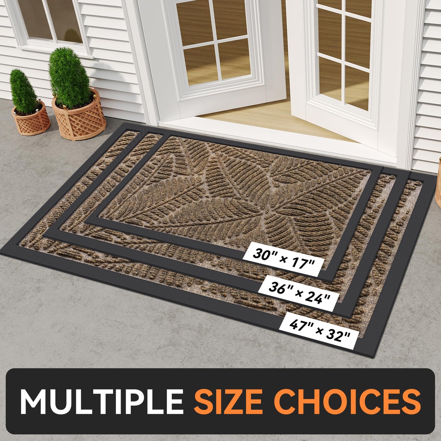 Grandaily Front Door Mat Indoor Outdoor Waterproof Doormat, Non Slip Natural Rubber Welcome Mat, Heavy Duty Durable Super Absorbent Entryway Rugs, 36"x24", Brown