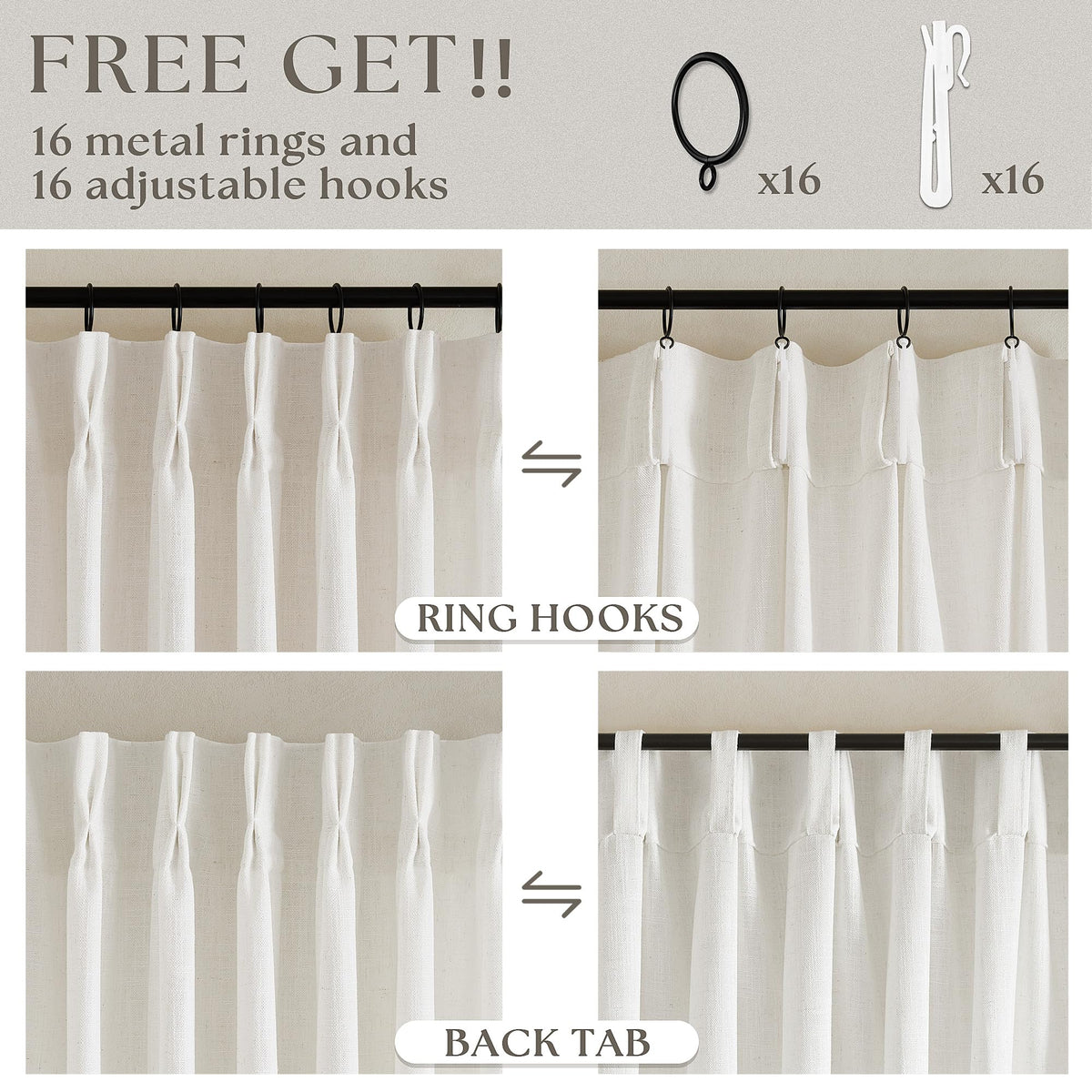 84 Inch Length Natural Pinch Pleated Linen Curtains 2 Panels for Living Room Bedroom Cream Ivory Semi Sheer Boho Neutral Back Tab Linght Filtering Pinch Pleat Hooks Rings Curtain 84 Inches Long