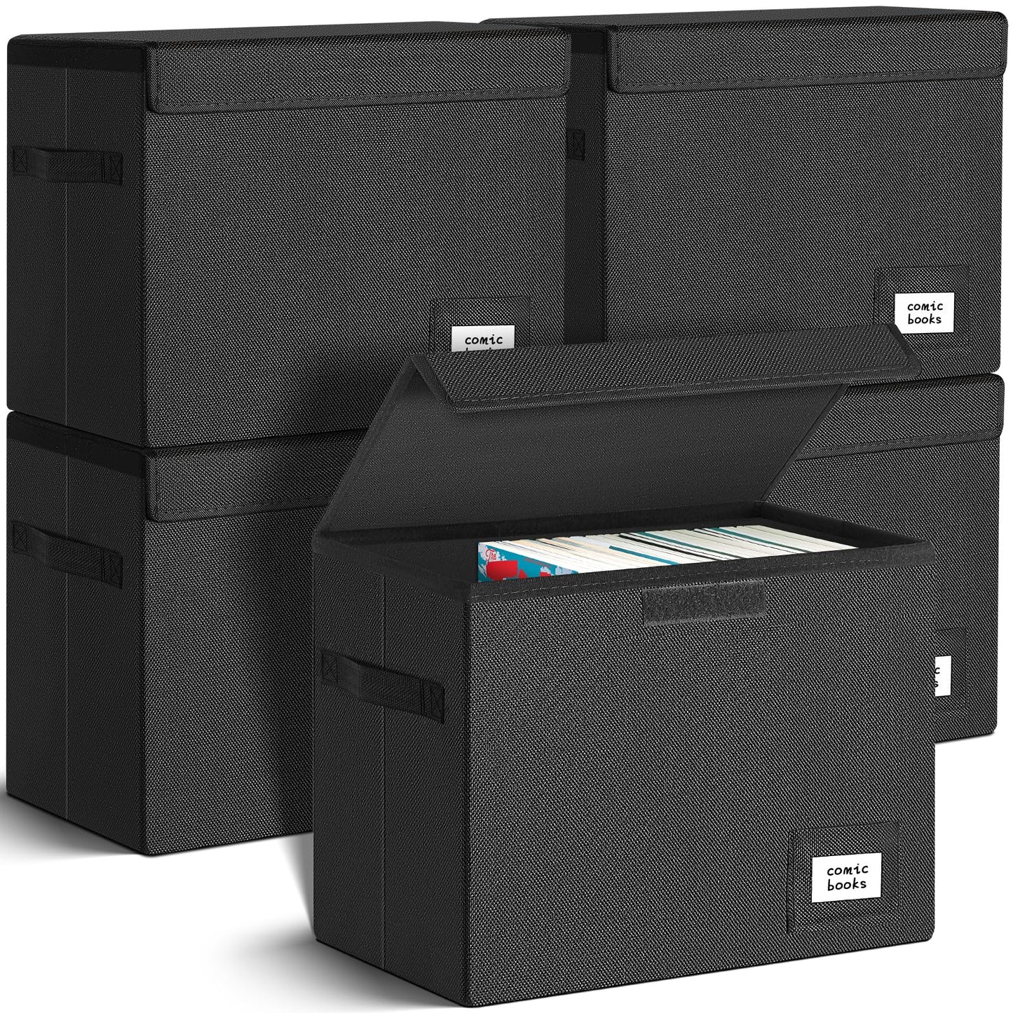 Leffis Comic Book Storage, Comic Book Box, Collapsible and Stackable, Short Comic Box, Moistureproof Comic Box with Lid and Label Slot, 15.5 x 7.5 x 11.3 inches, Holds 150