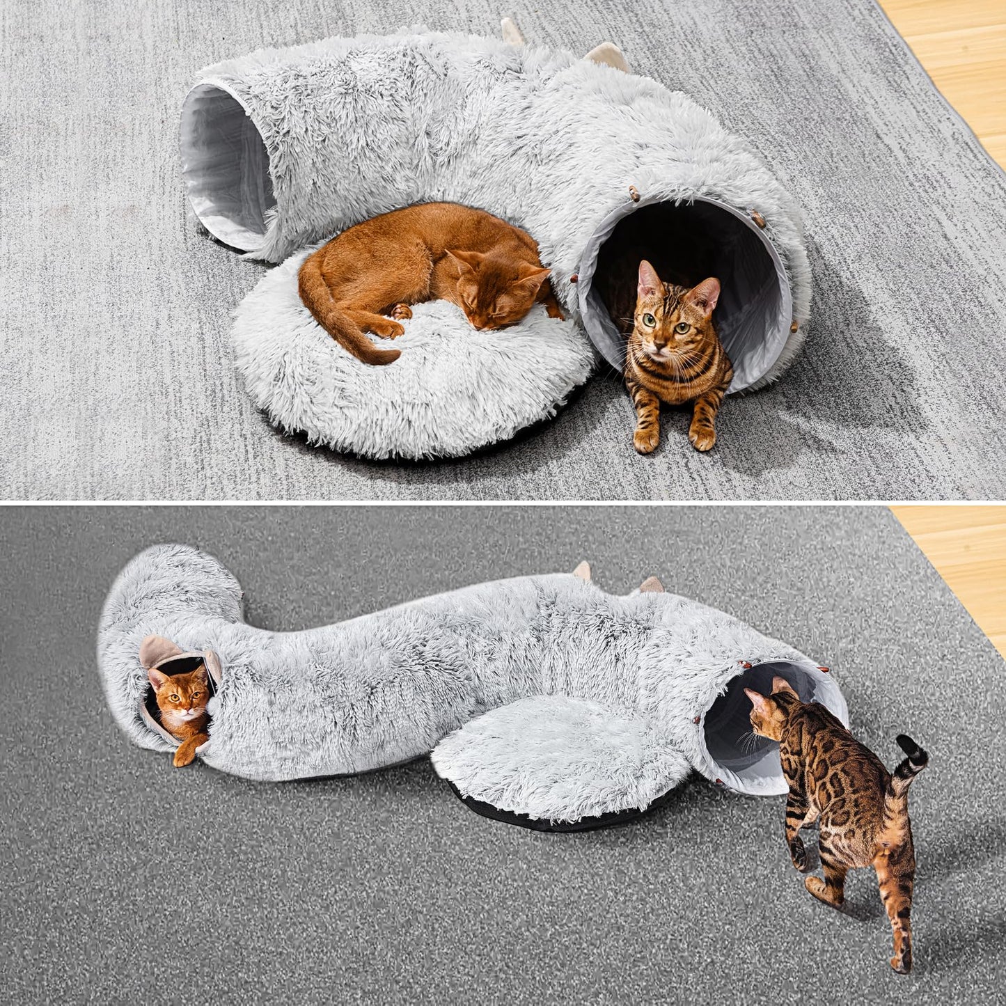 ZVBEK Cat Tunnel with Cat Bed for Indoor Cats, Under Christmas Tree Soft Plush Peekaboo Cat Cave Donut Tunnel, Multifunctional Cat Playground Toys Hideplace for Cats, Kittens, Rabbit, Ferret (Grey)