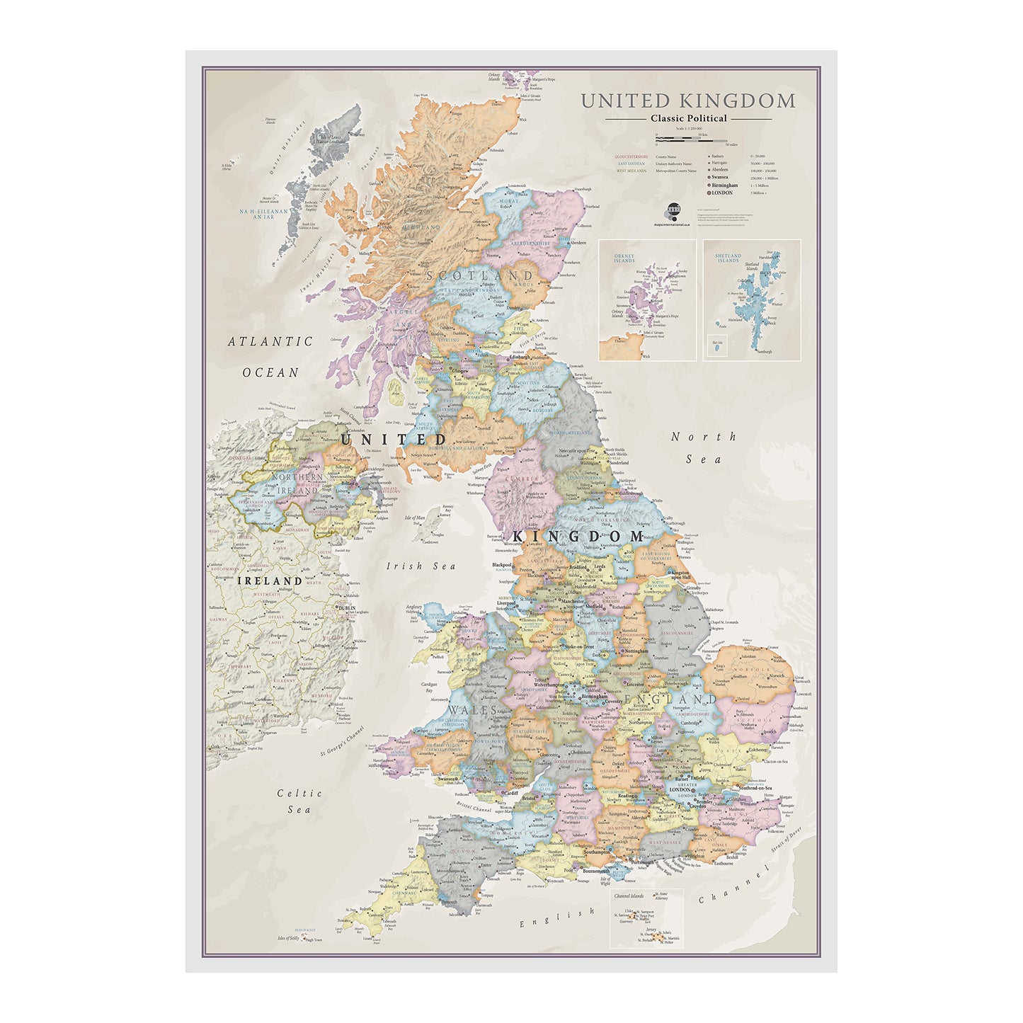 UK Map - Classic Wall Map Of The United Kingdom Poster - Front Lamination - 33 x 23in