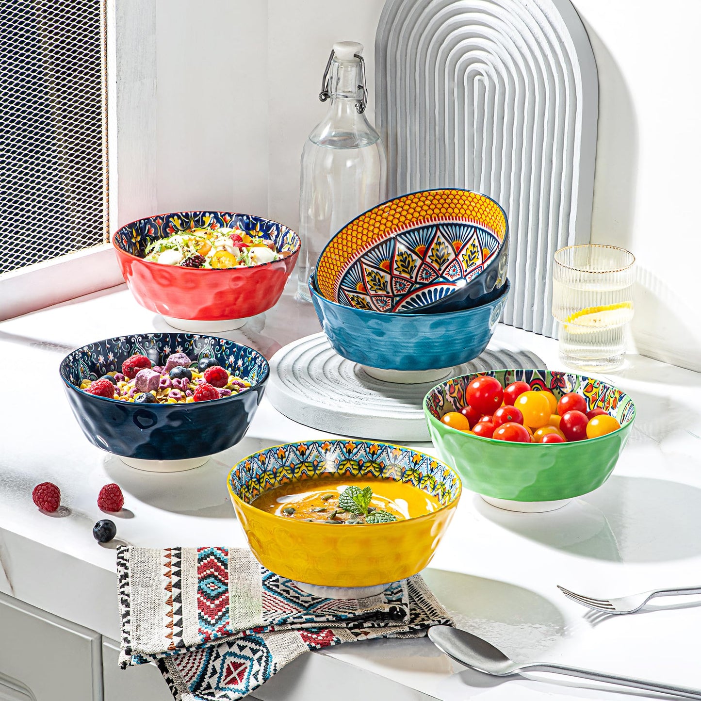 Porcelain Cereal, Soup Bowls Set of 6-25 Oz Colorful Serving Bowls for Salad, Pasta, Oatmeal, Dessert, Dishware, Microwave & Oven Safe - Bohemian Style