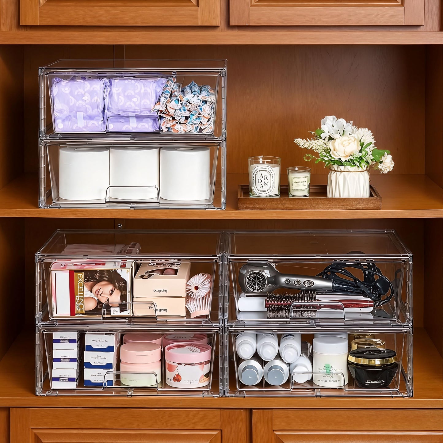 XWYWX Wide Large Stackable Storage Drawers(2 Pack),Multi-purpose Clear Plastic Organizer Bins with Handles, Easy to Assemble for Bathroom Home Closet Under Sink Kitchen Pantry Medicine Cabinet