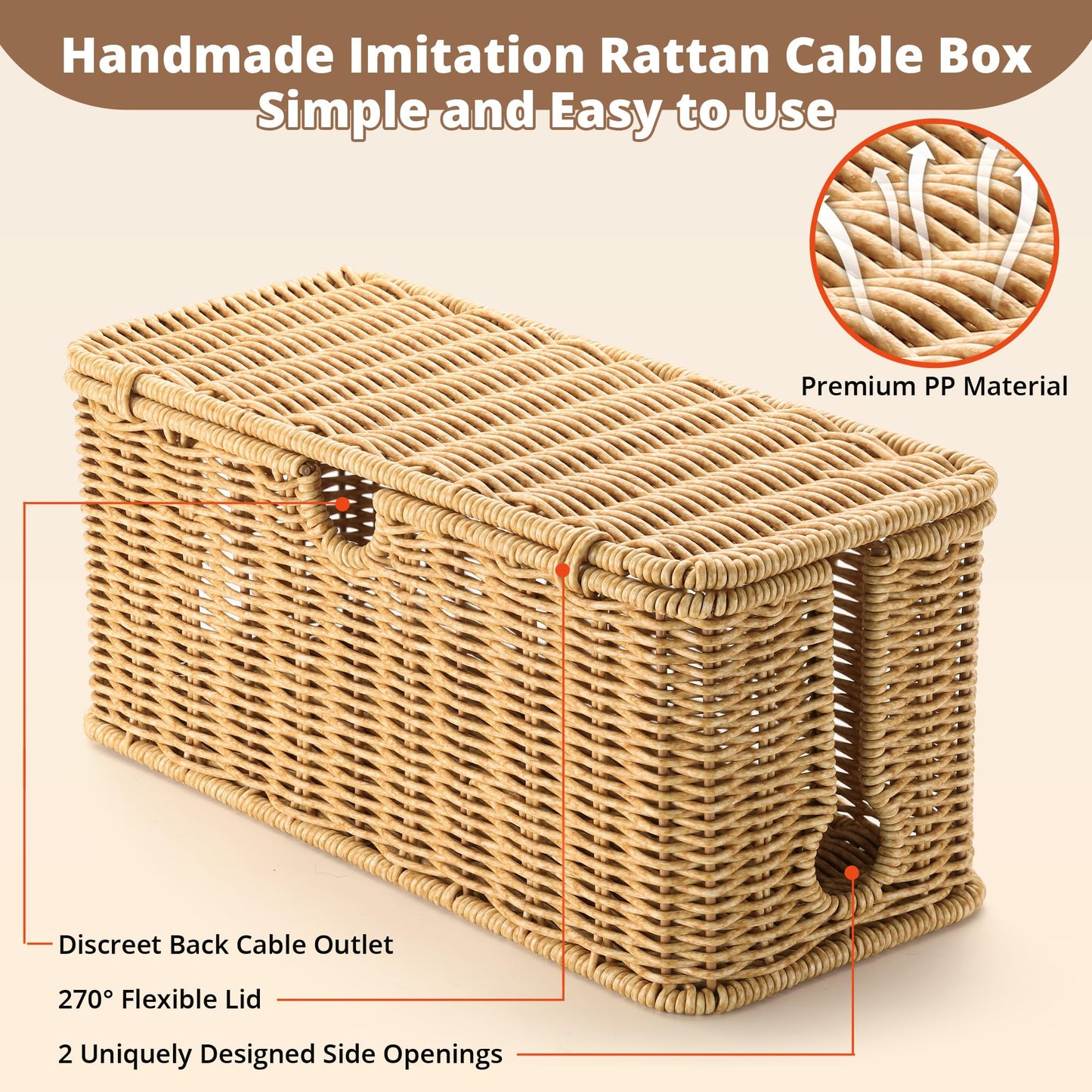 Handmade Cable Management Box Brown, Imitation Rattan Cord Organizer Box, Cord Hider, Cable Organizer for Desk, Wire Management to Hide Cords and Power Strip L12.5 W5.2 H5.5 in