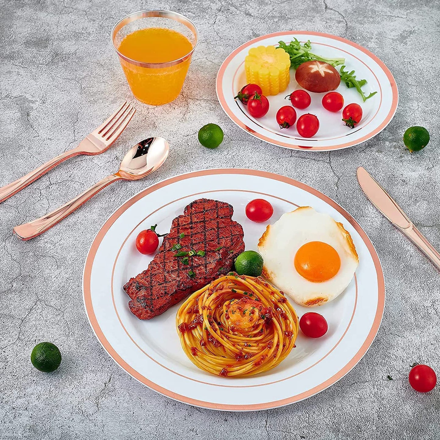 350 Piece Dinnerware Set for Wedding & Party,50 Guest RimPlastic Plates,50 Plastic Silverware,50 Cups,50 Linen Like Napkins (Rose Gold)
