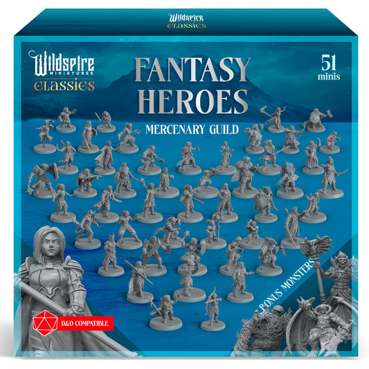 Classic Heroes - Mercenary Guild - 51 Paintable Characters for DND Miniatures Bulk I 28mm Dungeons Dragons D&D Miniatures I DND Minis D&D Figures Dungeons Dragons Figures Pathfinder Compatible