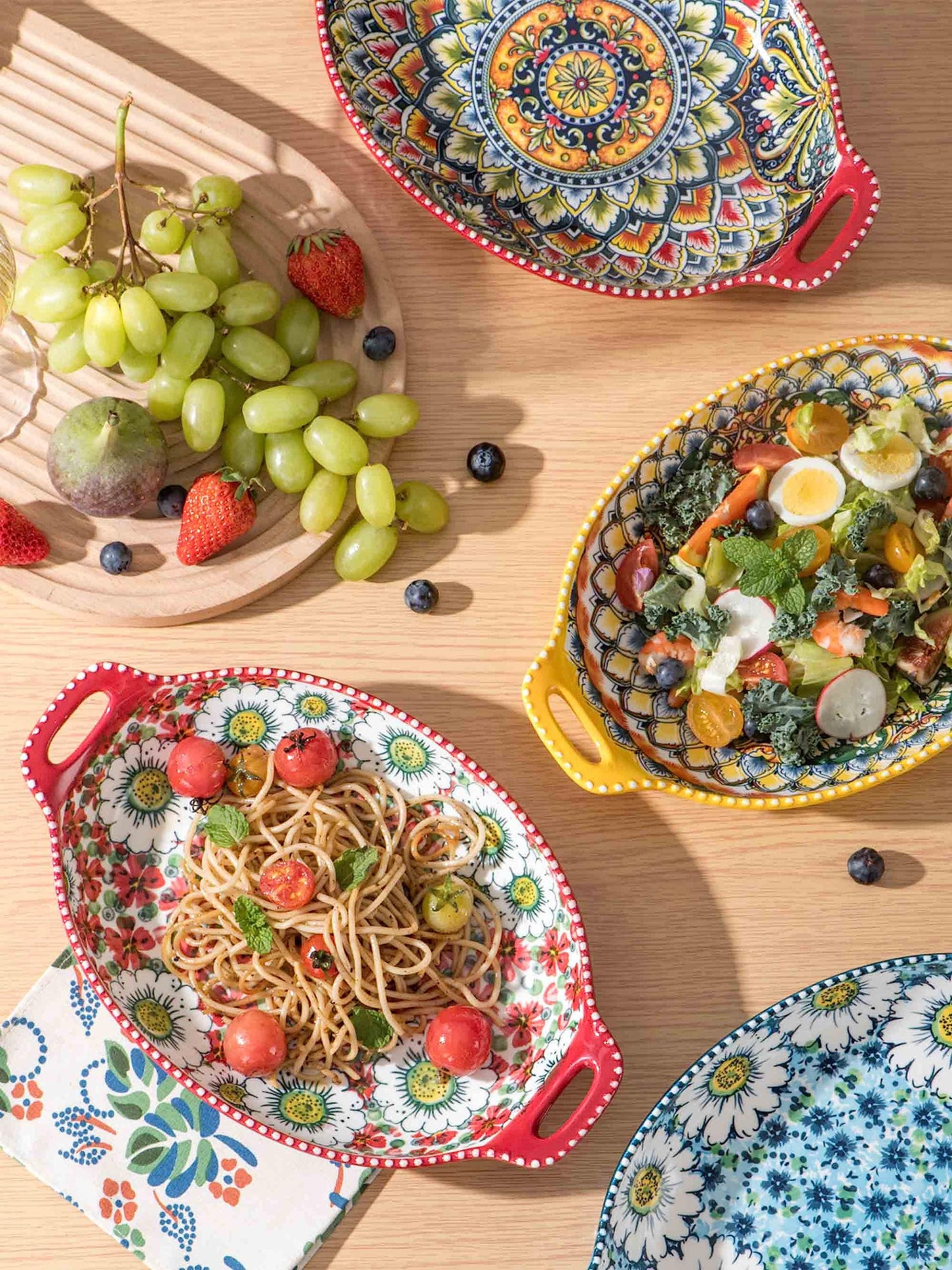 Henten Home Ceramic Pasta Bowls with Handle, Porcelain Floral Salad Bowls Set of 4, 32 oz Large Bohemia Serving Dish, Colorful Dinnerware Set, Microwave & Dishwasher Safe