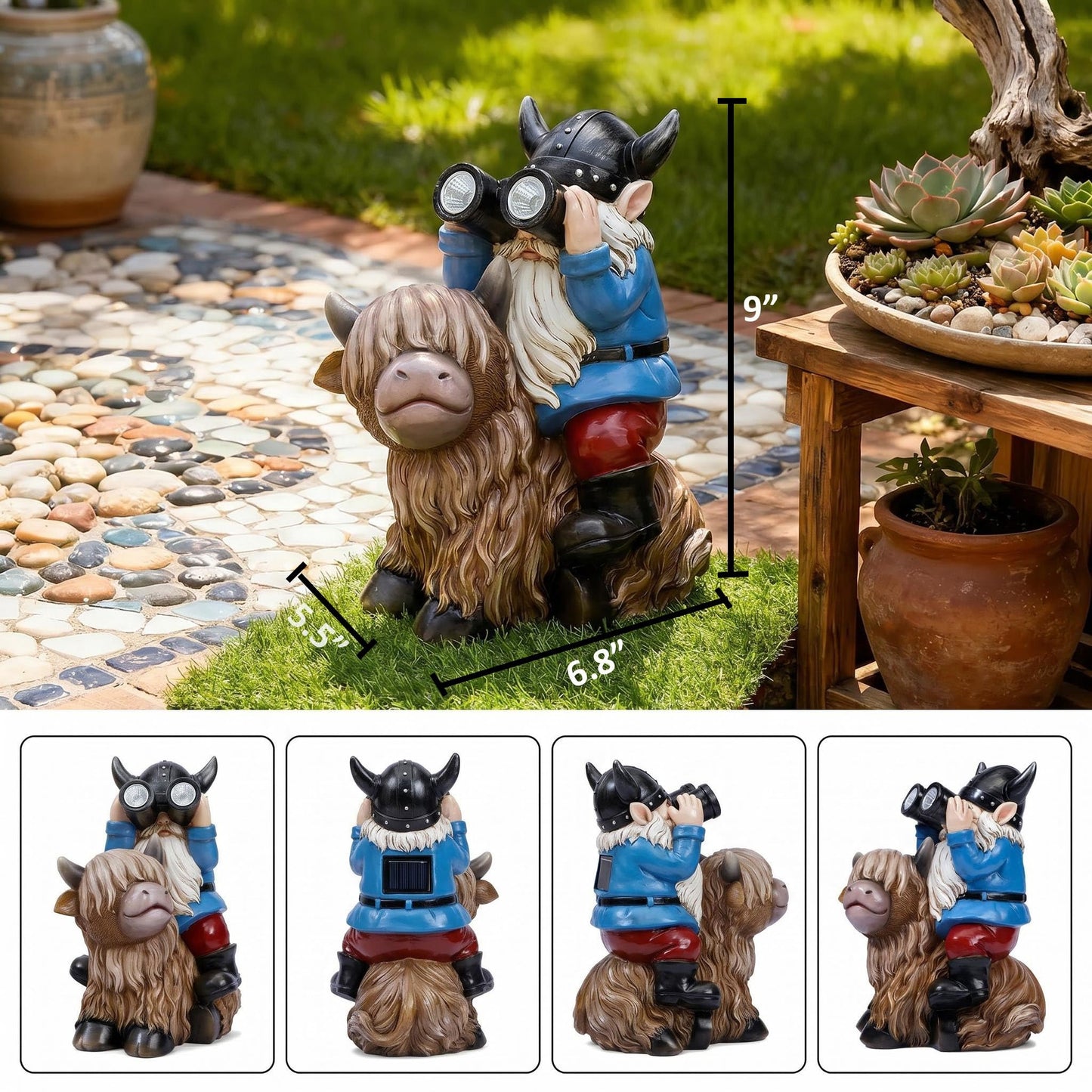 Joint Honglin Garden Gnome Statues Resin Gnome Sitting on Highland Cow Solar LED Lights Outdoor Telescope Gnome Decorations