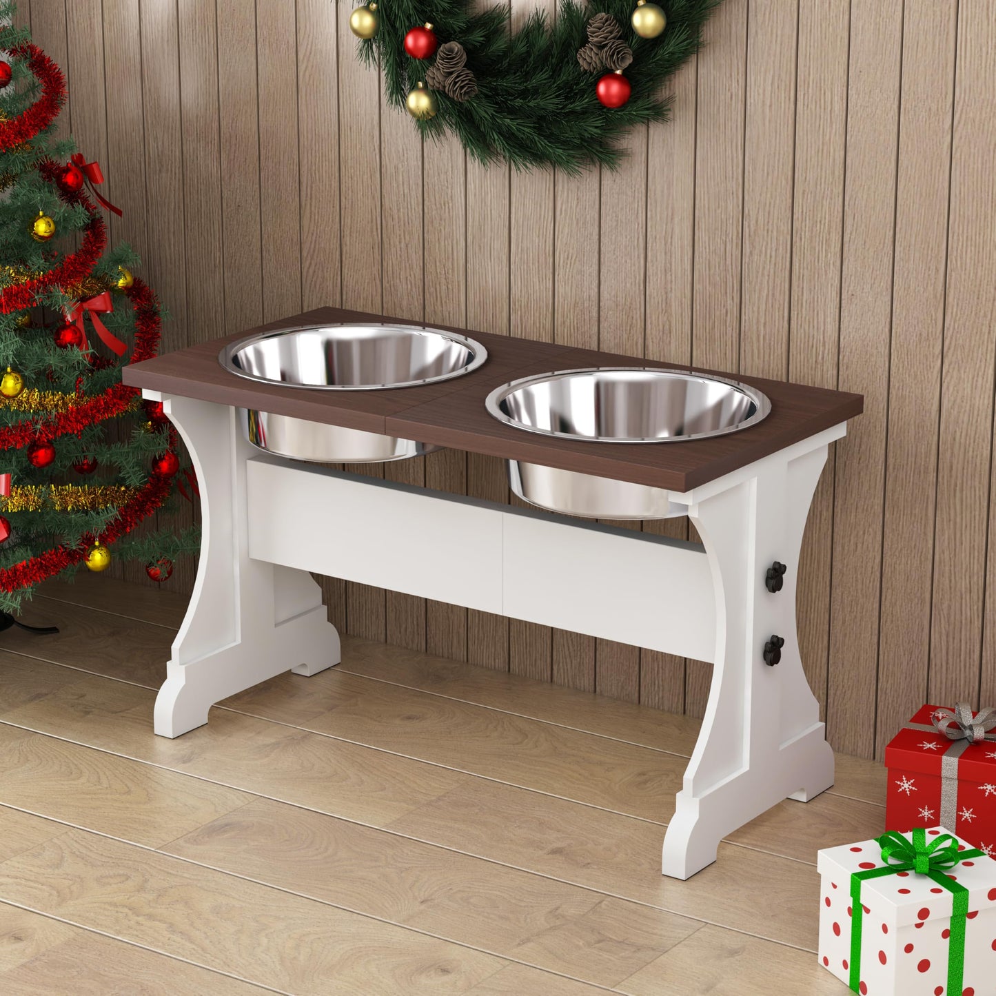 Piskyet Elevated Dog Bowls,Farmhouse Dog Bowls Stand, Raised Dog Bowl with 2 Stainless Steel Wooden (Farmhouse Style, 13.8" H_9 Cups Bowl)
