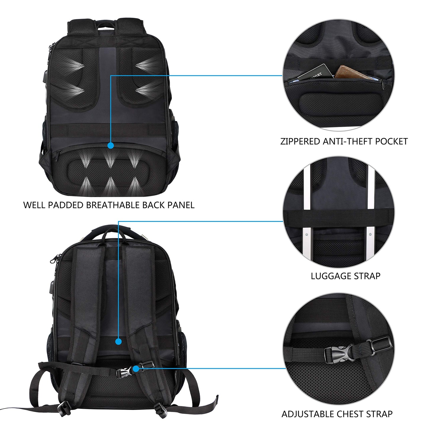 KROSER Travel Laptop Backpack 17.3 Inch XL Heavy Duty Computer Backpack Water-Repellent College Daypack Check Point Friendly Business Backpack with RFID Pockets & USB Port for Men/Women-Black
