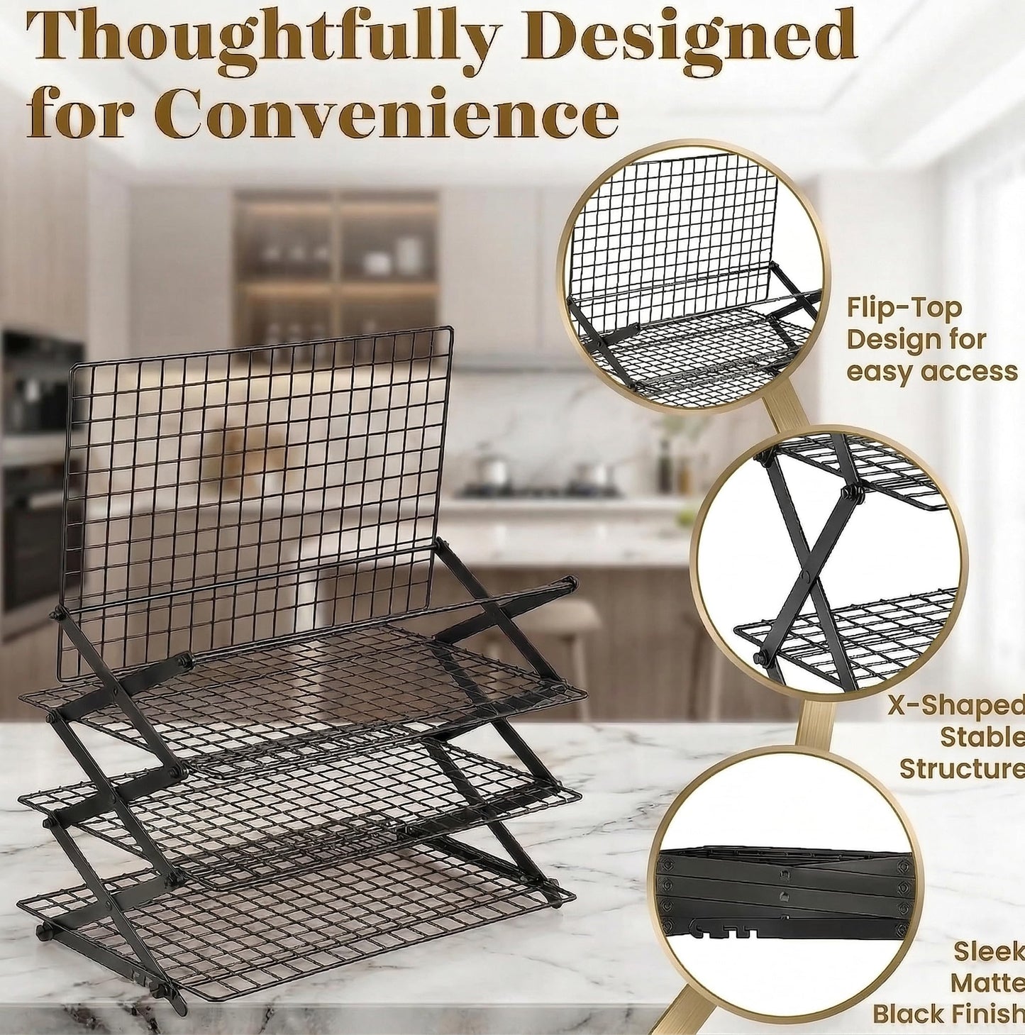 SCDGRW 4-Tier Collapsible Baking Cooling Rack, Small Grid Wire with 3 Adjustable Modes, Non-Stick Heavy Duty Wire Cooling Rack for Roasting, Cooking, Drying