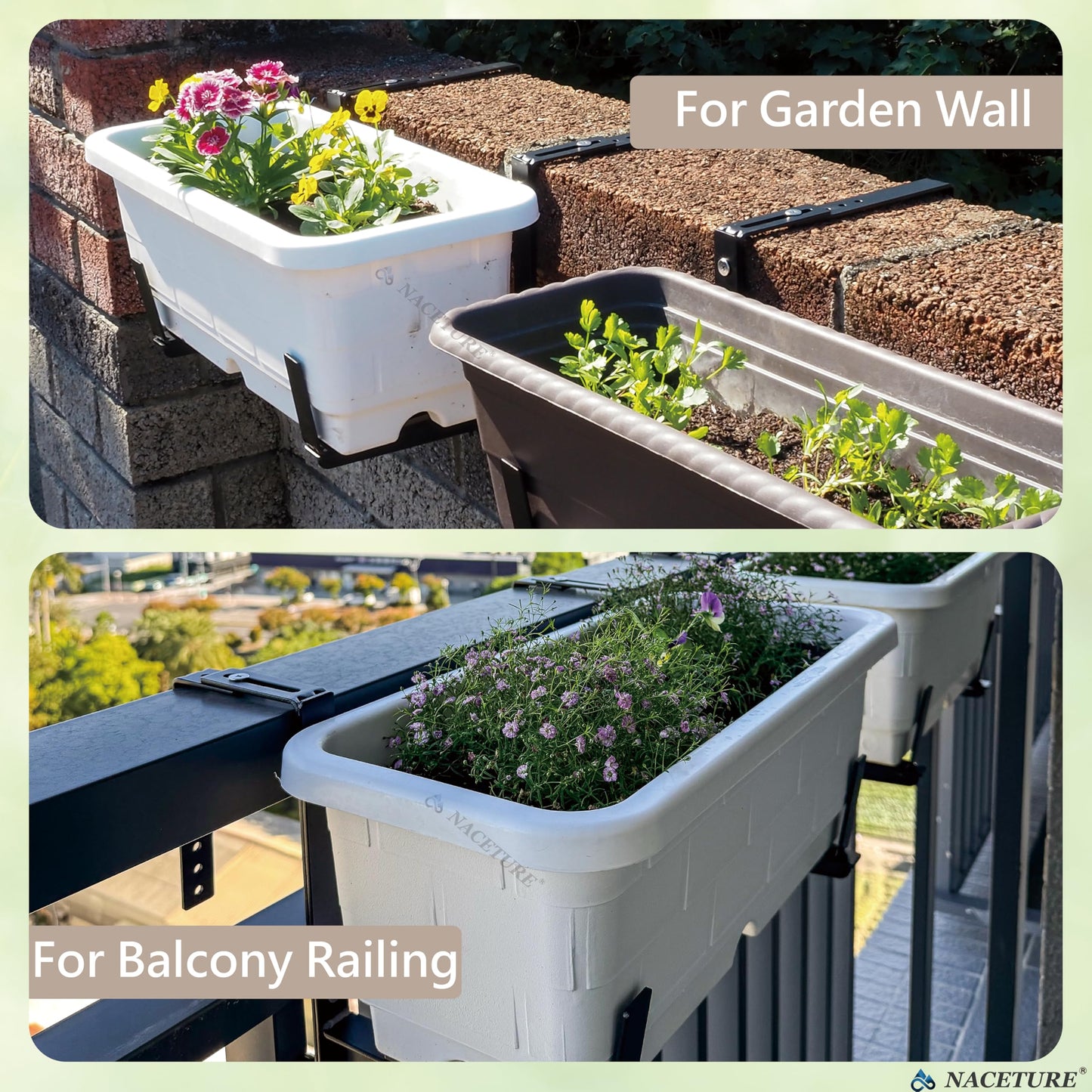Window Box Brackets for Railing- 4 Pcs Adjustable Planter Box Brackets- Sturdy, Stable Flower Box Brackets for Railings, Balconies and Fences- Upright Railing Plant Holder Brackets (Black 4 Pack)