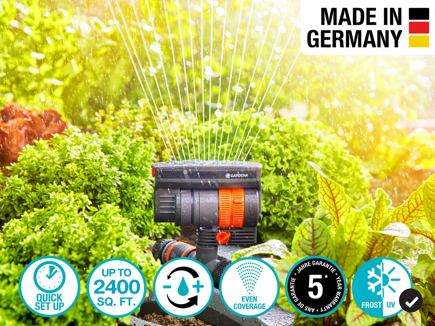 Gardena N83-SZMXFP Frost-Proof ZoomMaxx Oscillating Sprinkler on Spike, 2,300 Sq. Ft. Coverage, Spike Base for Flexible and Precise Watering, Includes Waterstop Quick Connector, Made in Germany