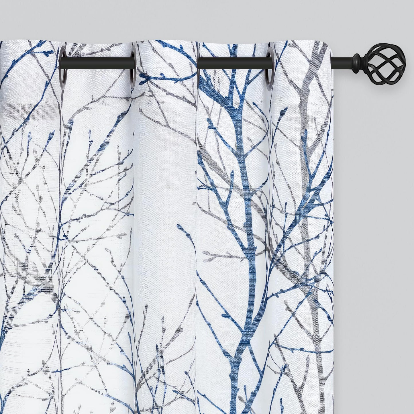 FMFUNCTEX Semi Sheer Linen Curtains, Blue and White Curtains 84 Inches Long for Living Room, Tree Branch Pattern Print Drapes for Bedroom, Light Filtering Privacy Grommet Window Curtains 2 Panels