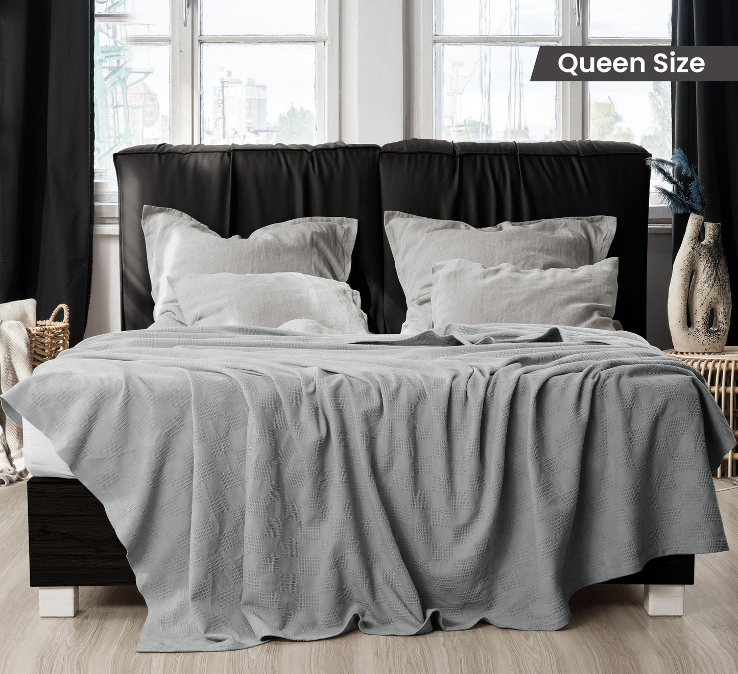 Utopia Bedding 100% Cotton Blanket (Queen Size - 90x90 Inches) 350GSM Lightweight Thermal Blanket, Soft Breathable for All Seasons (Cool Grey)