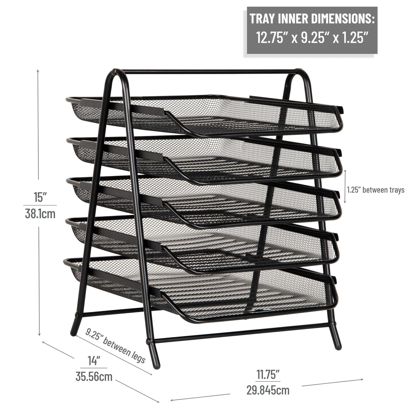 Mind Reader 5-Tier Paper Tray Organizer, Vertical Desktop File Storage Rack, Office, Metal Mesh, Black