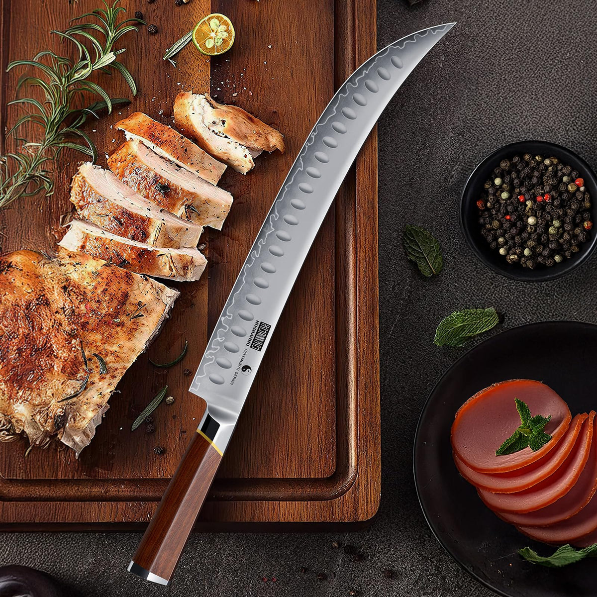 HOSHANHO Brisket Knife, 12 Inch Japanese High Carbon Steel Carving Slicing Knife with Ergonomic Handle, Razor Sharp Curved Butcher Breaking Knife for Meat Cutting