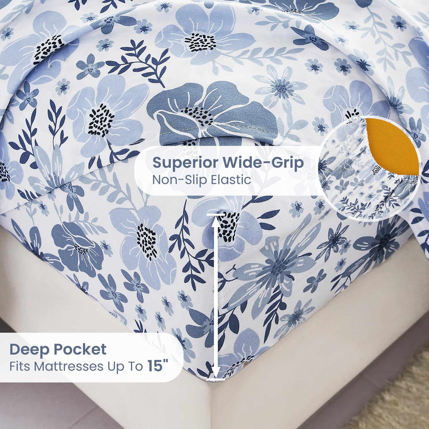 Mooreeke Floral Queen Sheets, Soft Breathable Microfiber Vintage Printed Bed Sheet Set, Deep Pocket Non-Slip Fitted Sheet Included, Blue Flower Pattern