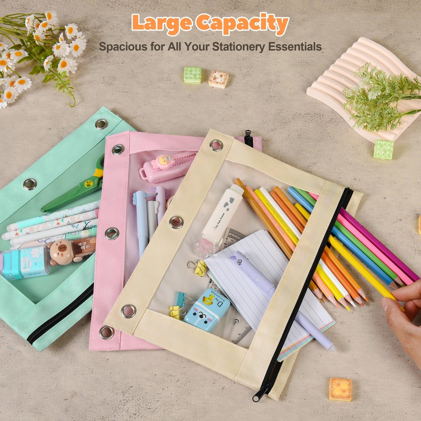 Lanpn 3 Ring Binder Pouch Bulk 36 Pack, Pencil Case with Binder Holes, Aesthetic Pencils Pouches, Zipper Pen Bags Holder for Kids Boy Girl School Student Storage, Clear Window & Reinforced Grommets