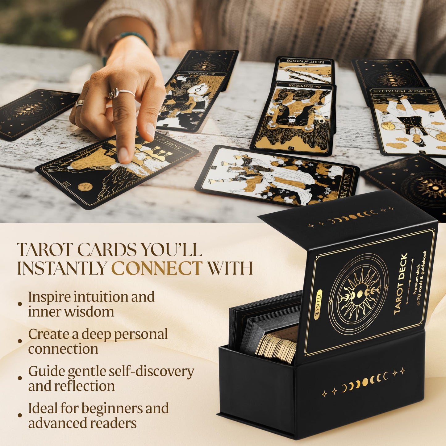 Tarot Cards with Guide Book - 78 Gold Tarot Cards for Beginners Tarot Deck Set - Classic Tarot Deck with Guidebook