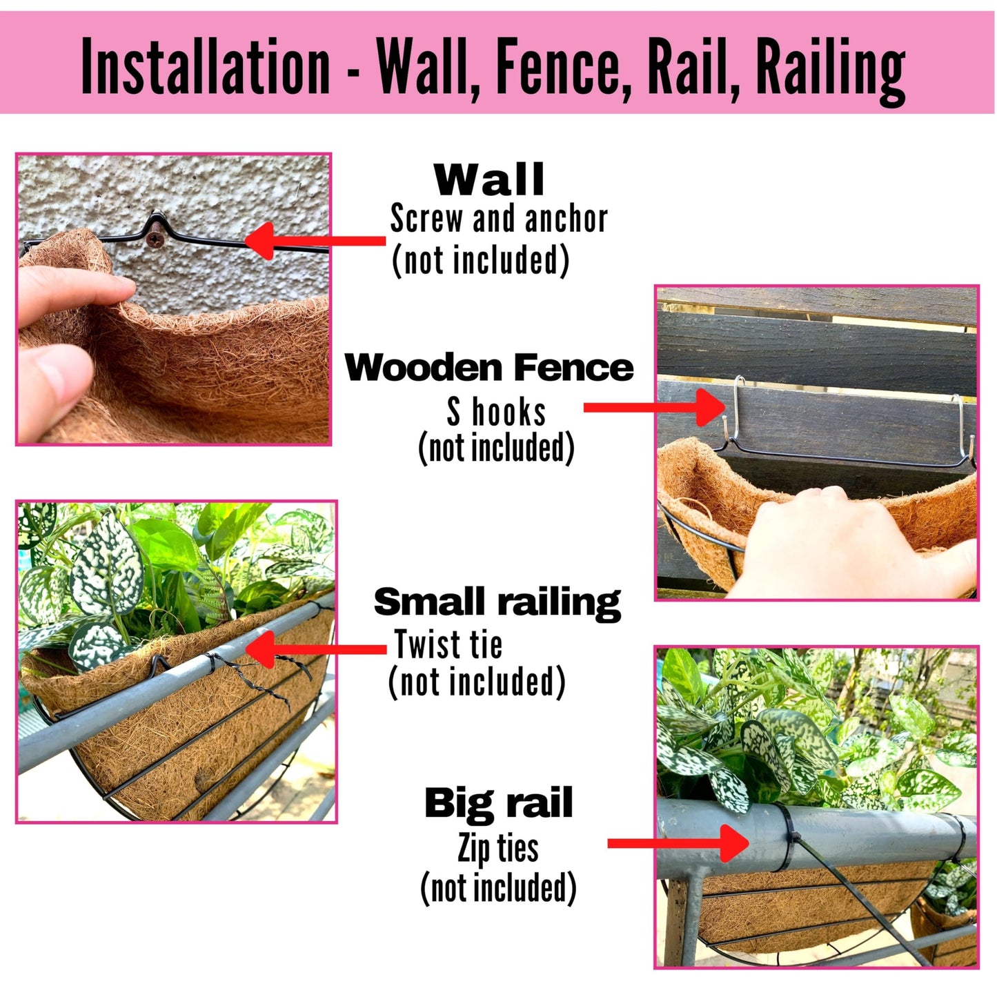 LaLaGreen Wall Mounted Flower Baskets (4 Pack 16 Inch) Large Railing Planter Deck Rail Hanging Plant Pots Holders with Coco Liner Outdoor, Metal Herb Fence Porch Balcony Garden Patio Window Box Trough