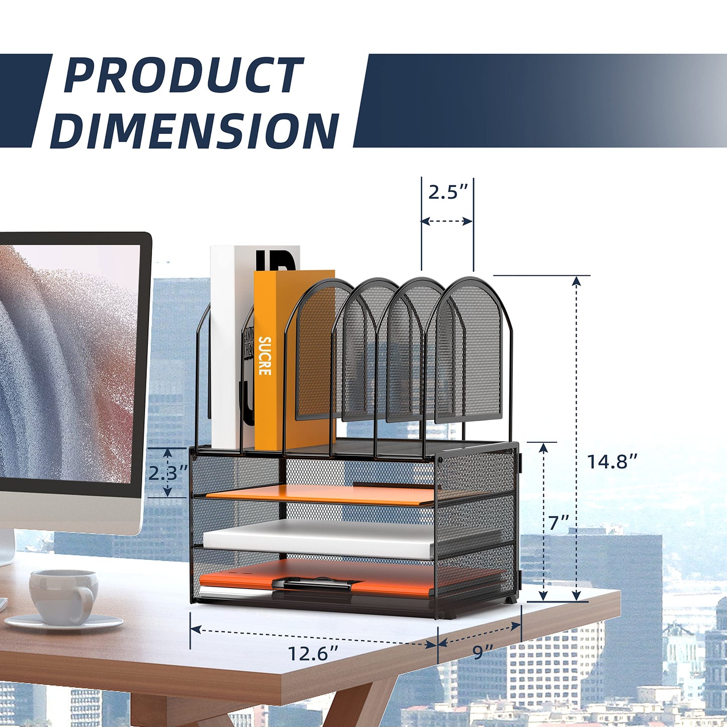 DALTACK 3-Tier Mesh Desk File Organizer, Stackable Letter Tray with 5 Vertical File Holders, Multifunction Desktop Organizer for Home Office Supplies, Grey Black