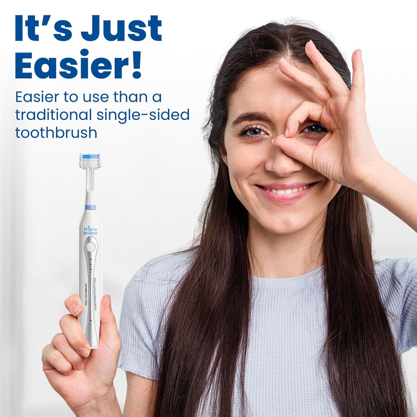 Whiter Teeth & Brighter Smile - Rechargeable 31,000 VPM Tooth Brush is Unique & Patented 3 Brush Head Design - Perfect Angle Bristles Clean Each Tooth