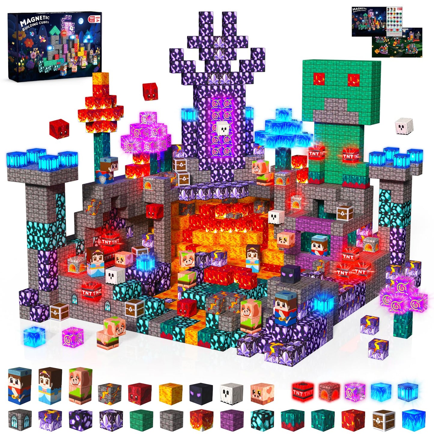 Light Up Magnetic Blocks 150 Pieces, Cute Fun Glowing Magnetic Building Blocks Sensory Learing STEM Toys for Kids Aged 3 4 5 6 7 8 9 Year Old Boys Girls Gift