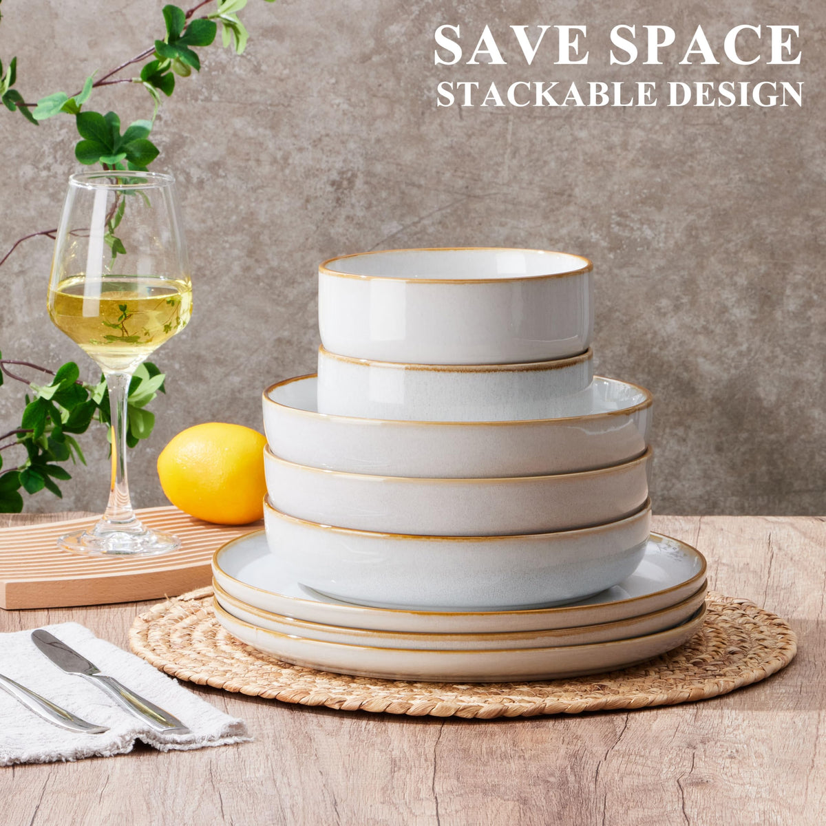 E-far Pasta Bowls Set of 4, 35oz Large Salad Bowls for Serving, Wide and Shallow Ceramic Bowls Plates for Pasta, Double Reactive Glaze, Microwave and Dishwasher Safe, Seashell White