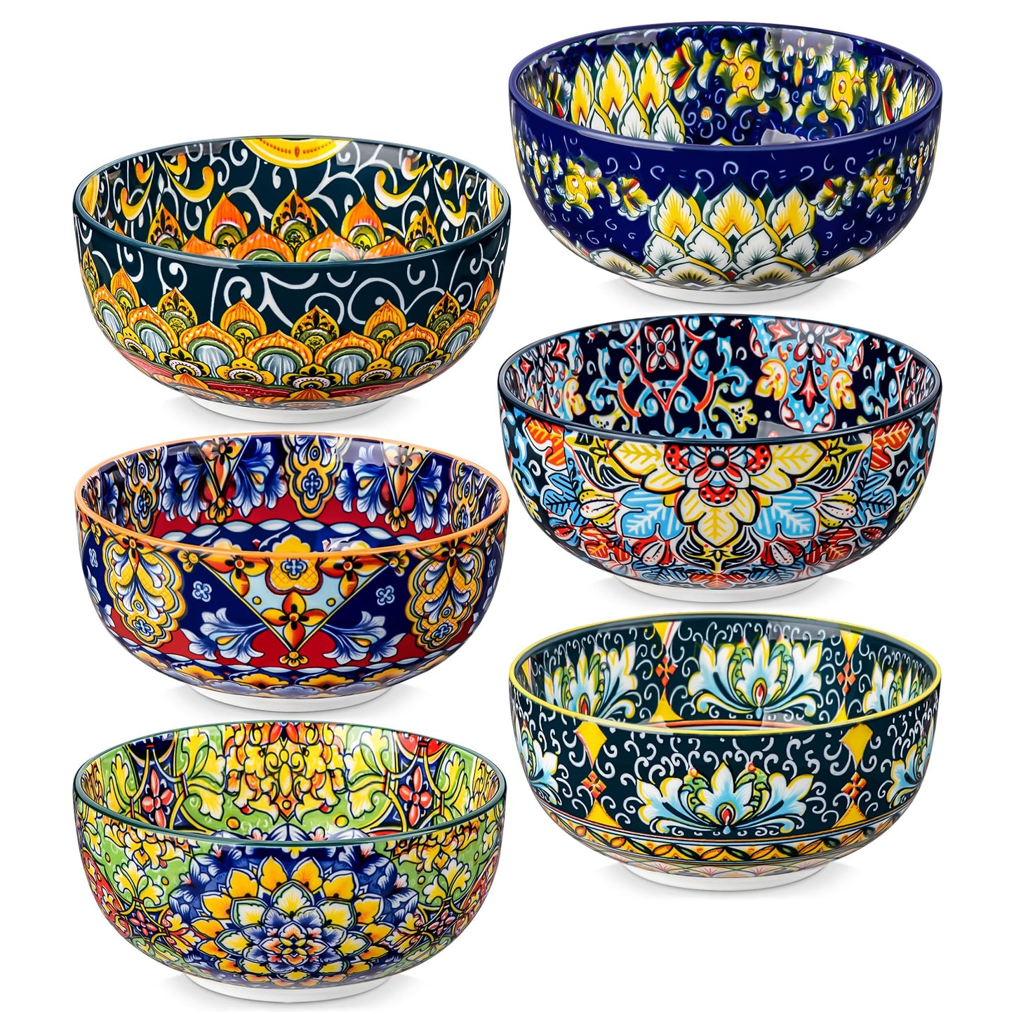 vancasso Cereal Bowls Set of 6, Bohemian Ceramic Soup Bowls, 28 oz Colorful Bowls Set, Dishwasher & Microwave Safe for Salad, Pasta, Rice, Oatmeal, Fruit