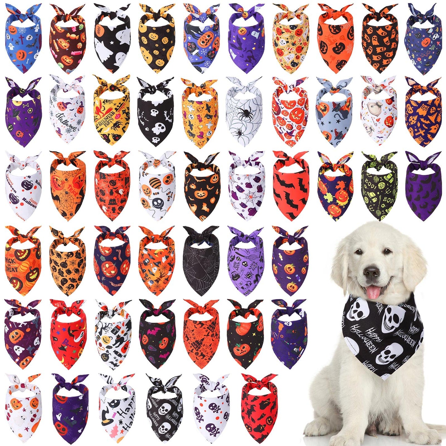 Xuniea 50 Pack Halloween Dog Bandanas Large Dog Bib Scarf Pet Bandana Handkerchief Accessories for Medium Small Puppy Outfit Halloween Festival Birthday Party Supply(Null)