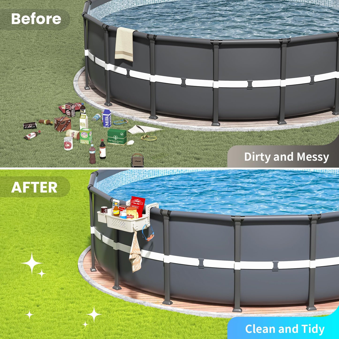 2 Sets of Poolside Storage Baskets with Cup Holders - Perfect for 3-Inch or Smaller Top Rails - Above Ground Pool Accessories - Fit for Most Above Ground Pool(Beige)