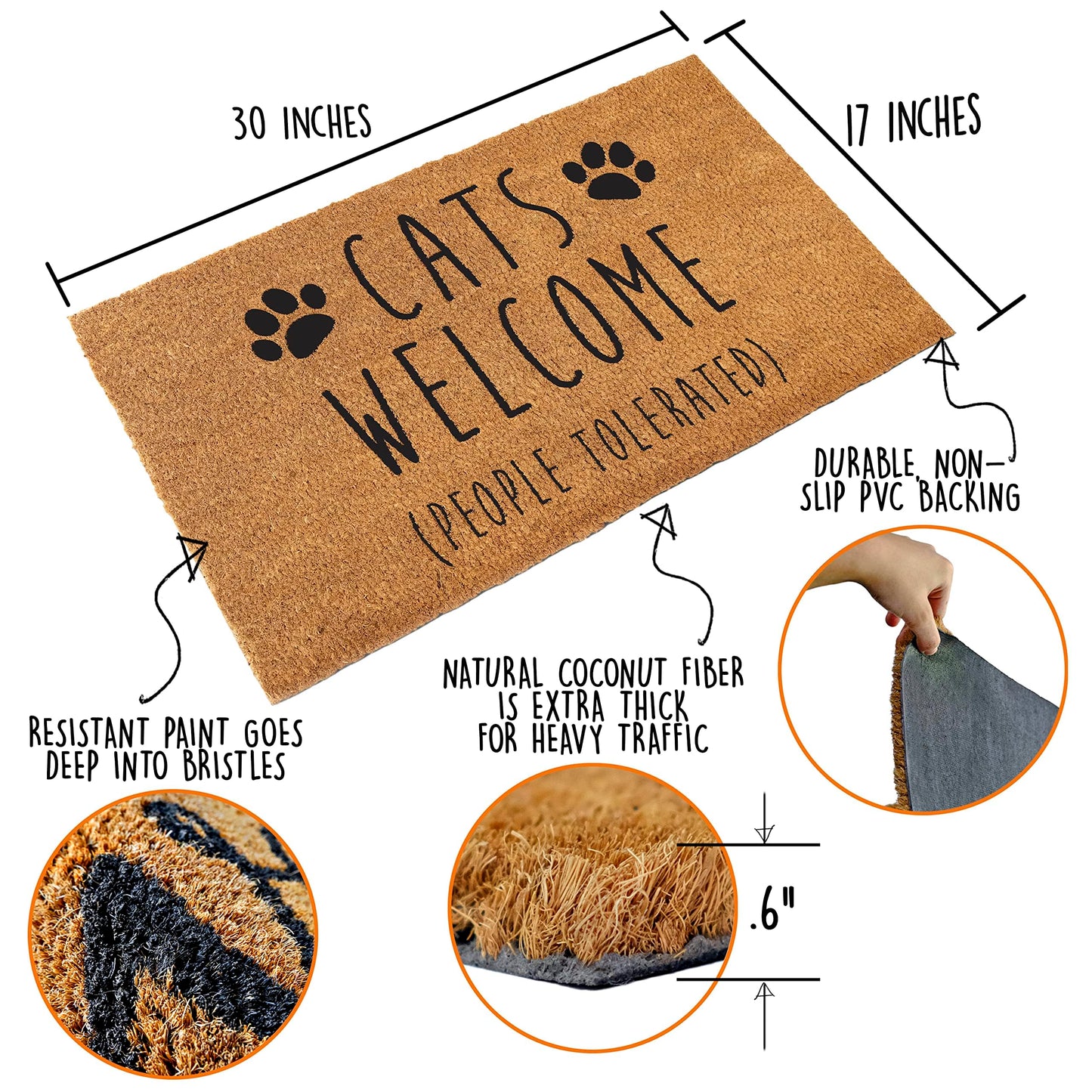 Cats Welcome People Tolerated Doormat 30x17 Inch, Cat Door Mat for Covered Outdoor Area, Black Cat Welcome Mat Gift, Funny Outdoor Decor w/Non Slip PVC Backing