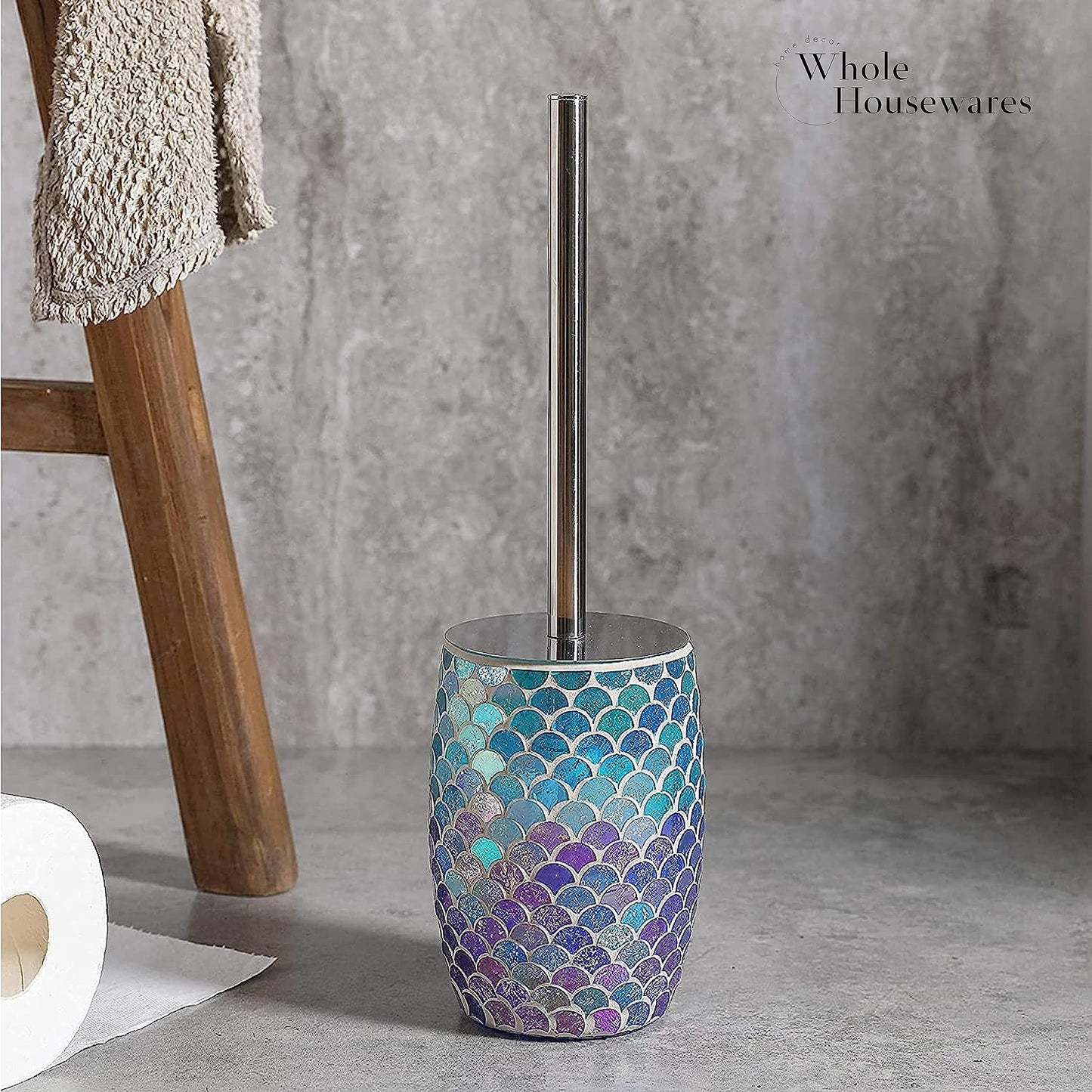 Whole HOUSEWARES | Modern Toilet Brush Set | Toilet Bowl Brush and Holder | Bathroom Accessory Set | Toilet Brushes for Bathroom | Freestanding Mosaic Toilet Bowl Cleaner (Mermaid)