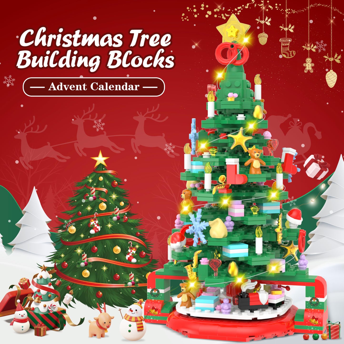 Advent Calendar 2025 Christmas Tree Building Set with LED Light, 24 Days Christmas Countdown Calendar Christmas Tree Building Blocks, Xmas Gifts for Adults Teens Kids