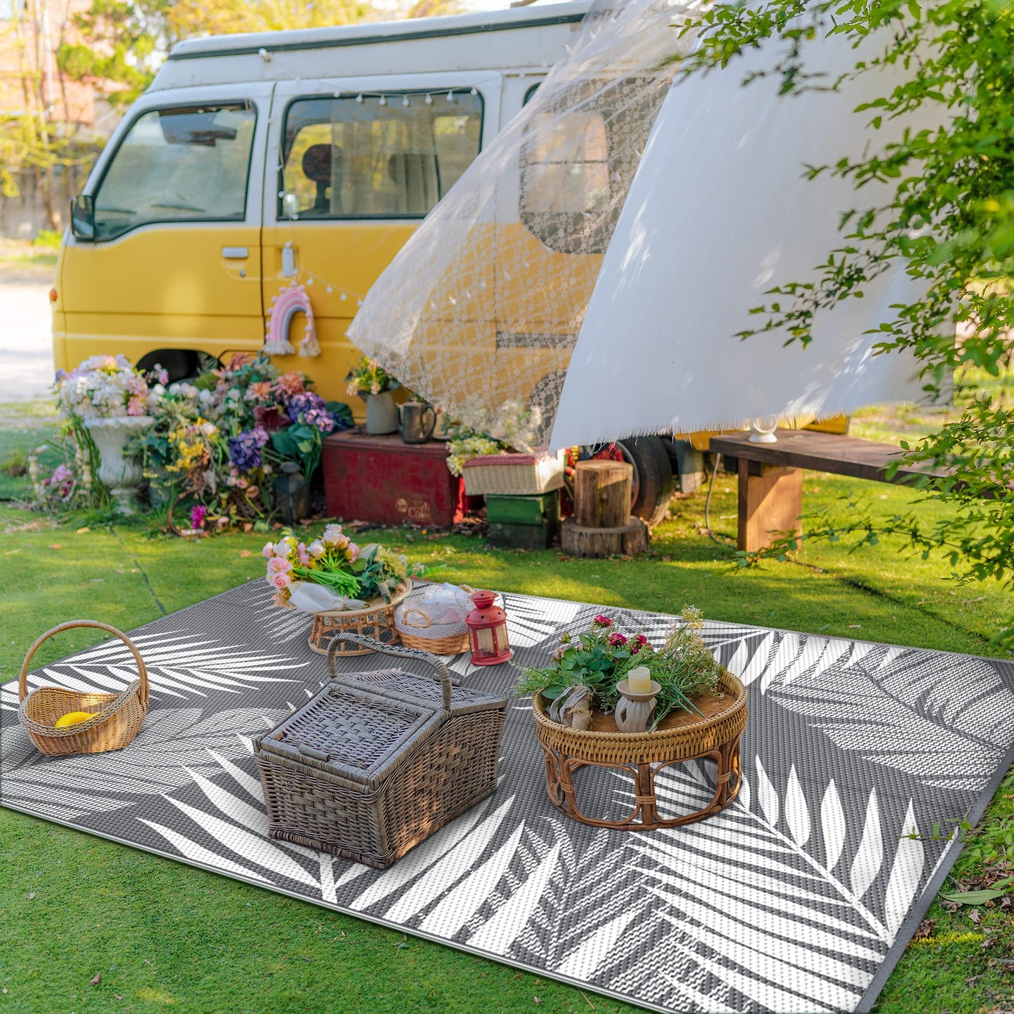 GENIMO Outdoor Rug Waterproof for Patios Clearance, Reversible Outdoor Plastic Straw Camping Rug Carpet, Large Area Rugs Mats for RV, Camper, Deck, Balcony, Porch, Backyard, Beach, Picnic. Leaf