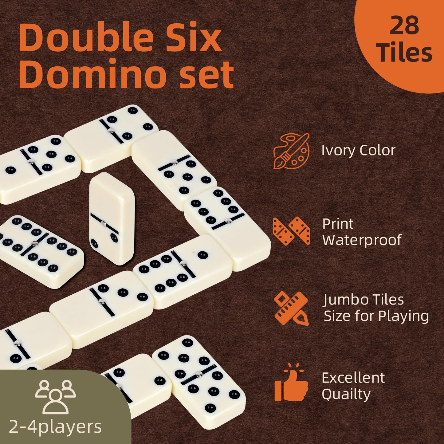 Smilejoy Domino Set for Adults, Double Six Jumbo Dominos Set,Thick Size Domino Game, Double 6 Dominoes for Family Games for Adults and Elderly, Jumbo 28 Tiles with Prime Brown Wood Box (2-4 Players)