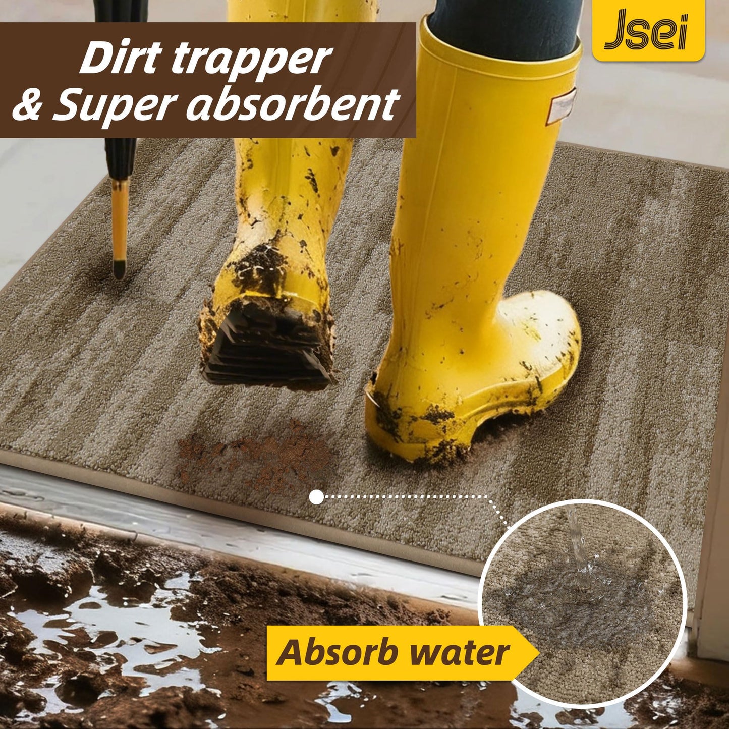 JSEI Dirt Trapper Door Mat 24"x36", Non-Slip Doormats Washable Entryway Mat, Welcome Floor Mat Absorbent Low Profile Dog Door Mats for Front Back Door, Wet Shoes & Paws, Beige