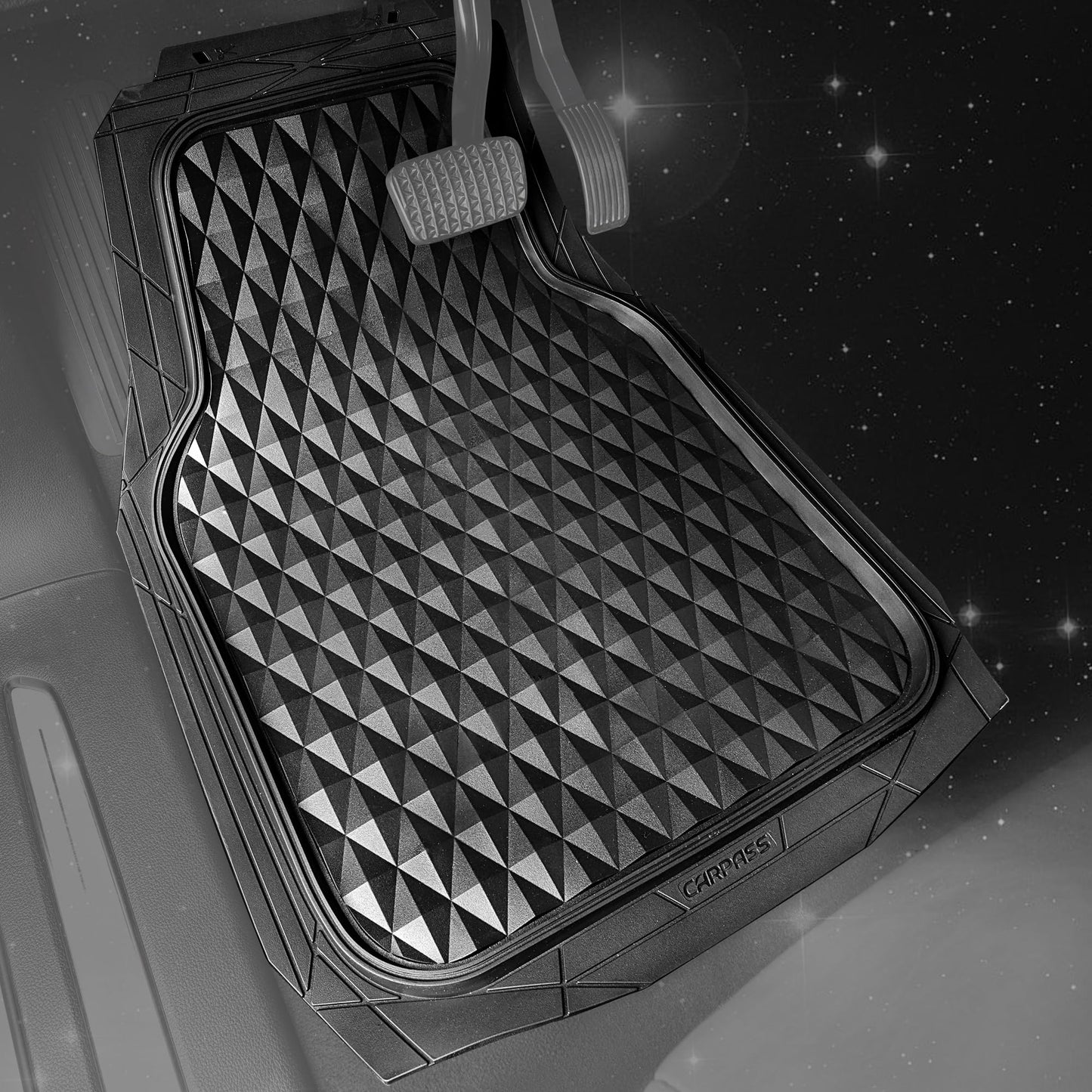 CAR PASS Rubber Car Floor Mats Full Set, Heavy Duty Deep Dish All-Weather Liners, 3D Anti-Slip Rhombus, Waterproof & Trim-to-Fit, Universal Fit for Cars, SUV & Truck, 3-Piece, Black